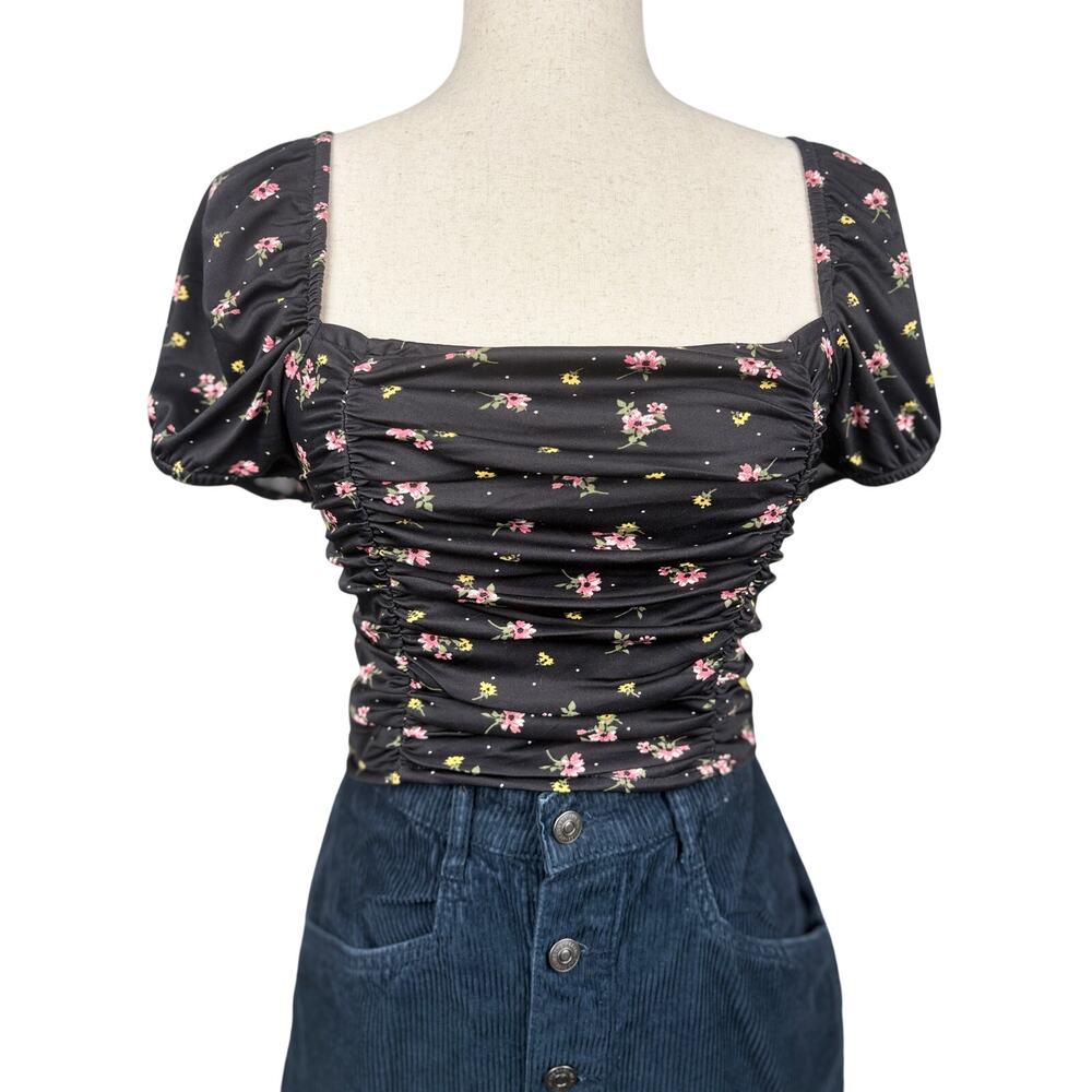 B.O.G Collective Smocked Floral Puff Sleeve Crop Top Medium Black Cottagecore